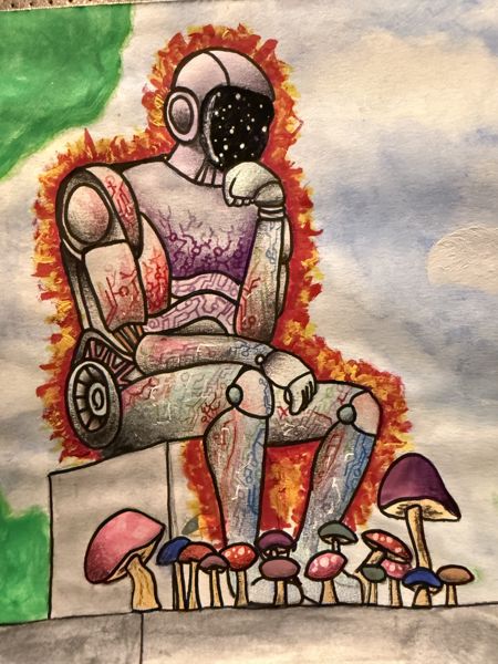 Painted seated figure in an autumn-toned setting