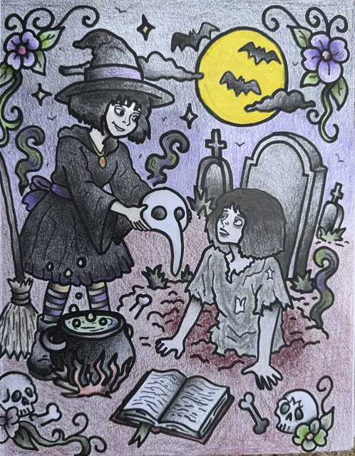 Colored-pencil illustration of a witch in a graveyard summoning a figure from the ground, beneath a full moon with bats, a cauldron, and a spellbook